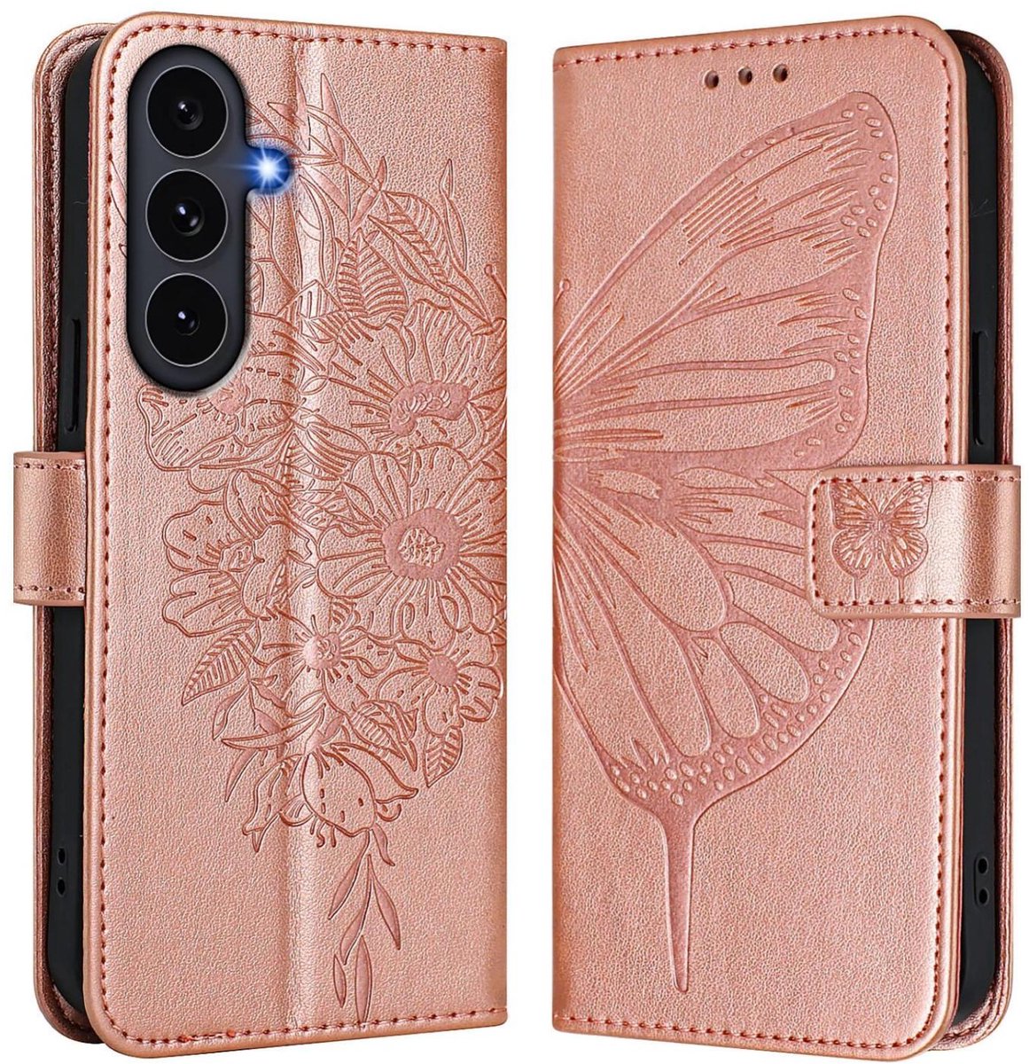 Mobigear Telefoonhoesje geschikt voor Samsung Galaxy S26 FE Hoesje | Mobigear Butterfly Bookcase Portemonnee | Pasjeshouder voor 3 Pasjes | Telefoonhoesje voor Pinpas / OV Kaart / Rijbewijs - Roségoud