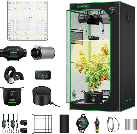 Complete Kweektent Set 80 x 80 x 160 cm met 150 W Full Spectrum LED Grow Light, Automatische Ventilatie en Circulatie, Slimme Kweekoplossing met GrowHub E42A Controller voor Thuisgebruik