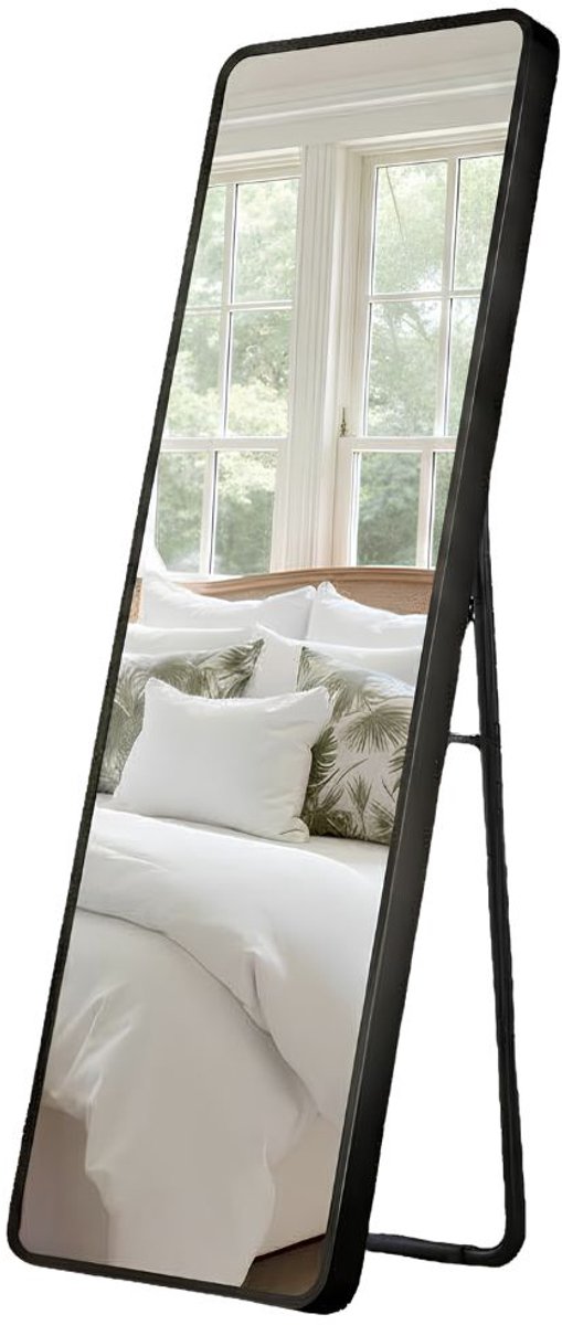 NIVA® Passpiegel - Gebogen Wandspiegel - Staande Passpiegel - Zwart - 162cm x 50cm x 2cm