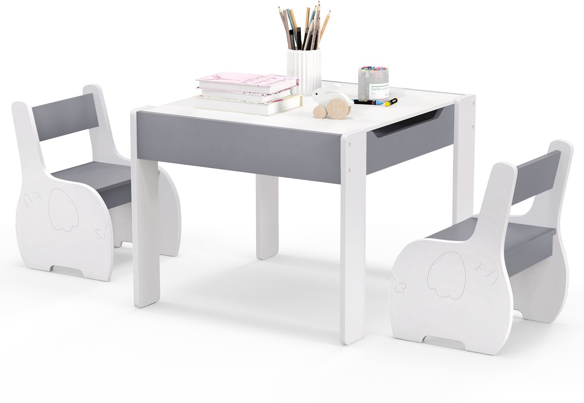 COSTWAY Kindertafel met 2 stoelen, 3-delige houten kinderzitgroep met omkeerbaar en afneembaar tafelblad, kinderschildertafel met opbergruimte, kindermeubelzitgroep voor vanaf 3 jaar (lichtgrijs)
