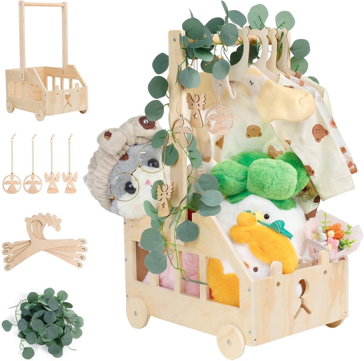 Babyshower Cadeaumand - Houten Mand Baby - Opbergen Babyartikelen - Met Houten Wieltjes - 39 x 25 x 55.5 cm