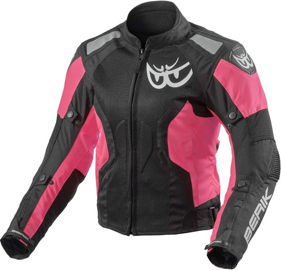 Zwarte dames motorjas met roze panelen, mesh delen en reflecterende details.