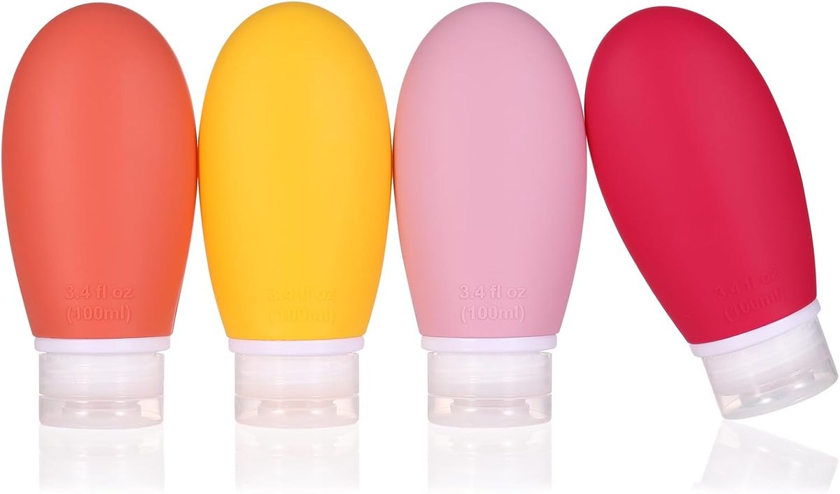 reisflessen,4 stuks 100ml lekvrije knijphervulbare draagbare lege reisflessen accessoires containers voor toiletartikelen shampoo conditioner lotion,BPA-vrij en TSA-goedgekeurd(roze)