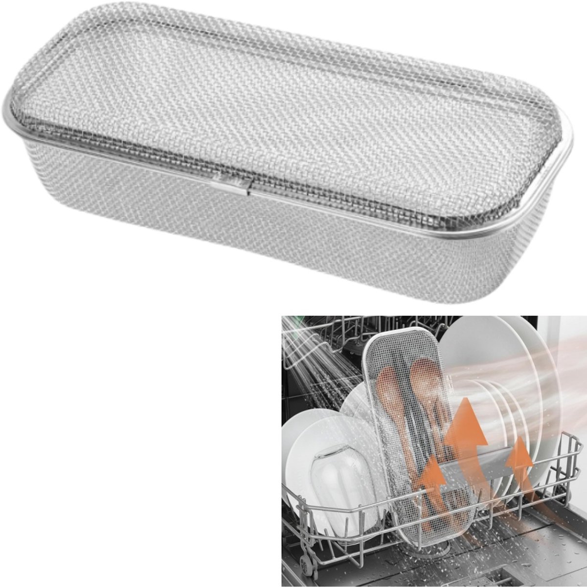 1 stuk - Roestvrijstalen bestekbak met gaas - Afvoermandje van gaas - Bestekrek van gaas - Bestekrek voor op het aanrecht - Bestekmand - Vaatwasmachinebestendig - Zilver - 26,5 x 11,5 x 7,5 cm - Geschikt voor klein keukengerei en bestek