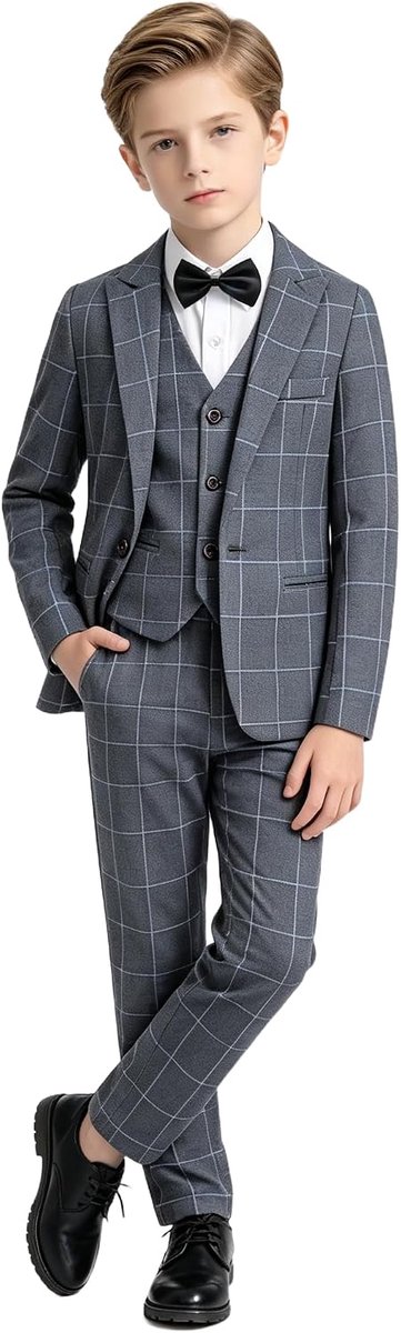 Kinderkostuum voor jongens, 5-delig, slim fit, bruiloft en ceremonie-outfit voor jongens, kostuumbroek, vest, hemd met vlinderdas, 3-12 jaar
