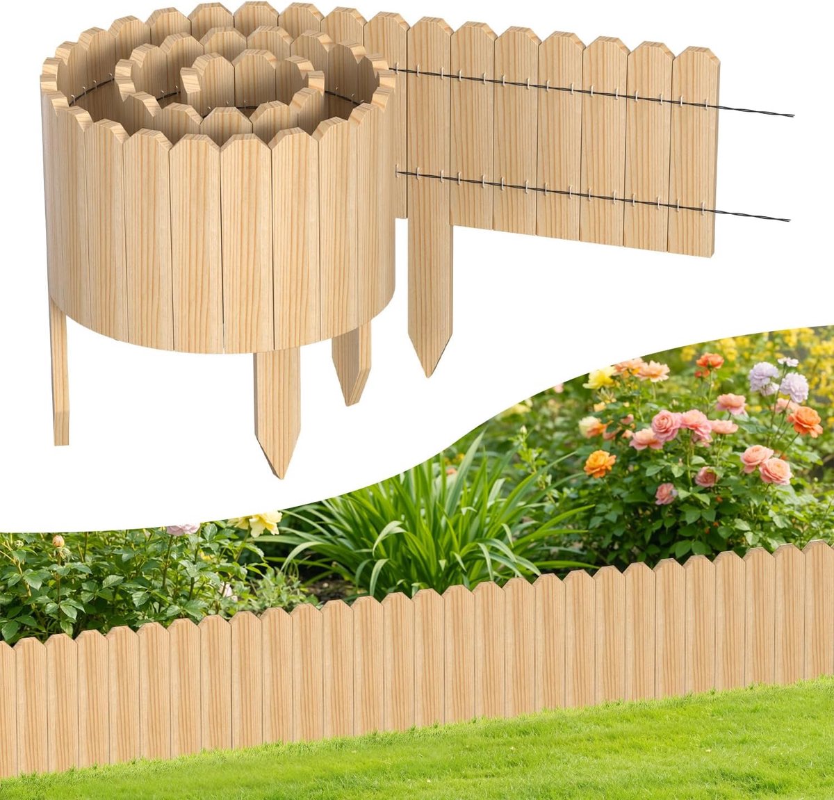 Bloembedrand van hout, 200 x 20 cm, flexibele gazonrand van hout voor tuin, rolborder, borderomranding voor bloembed en gazon, tuinhek, natuurlijk hout