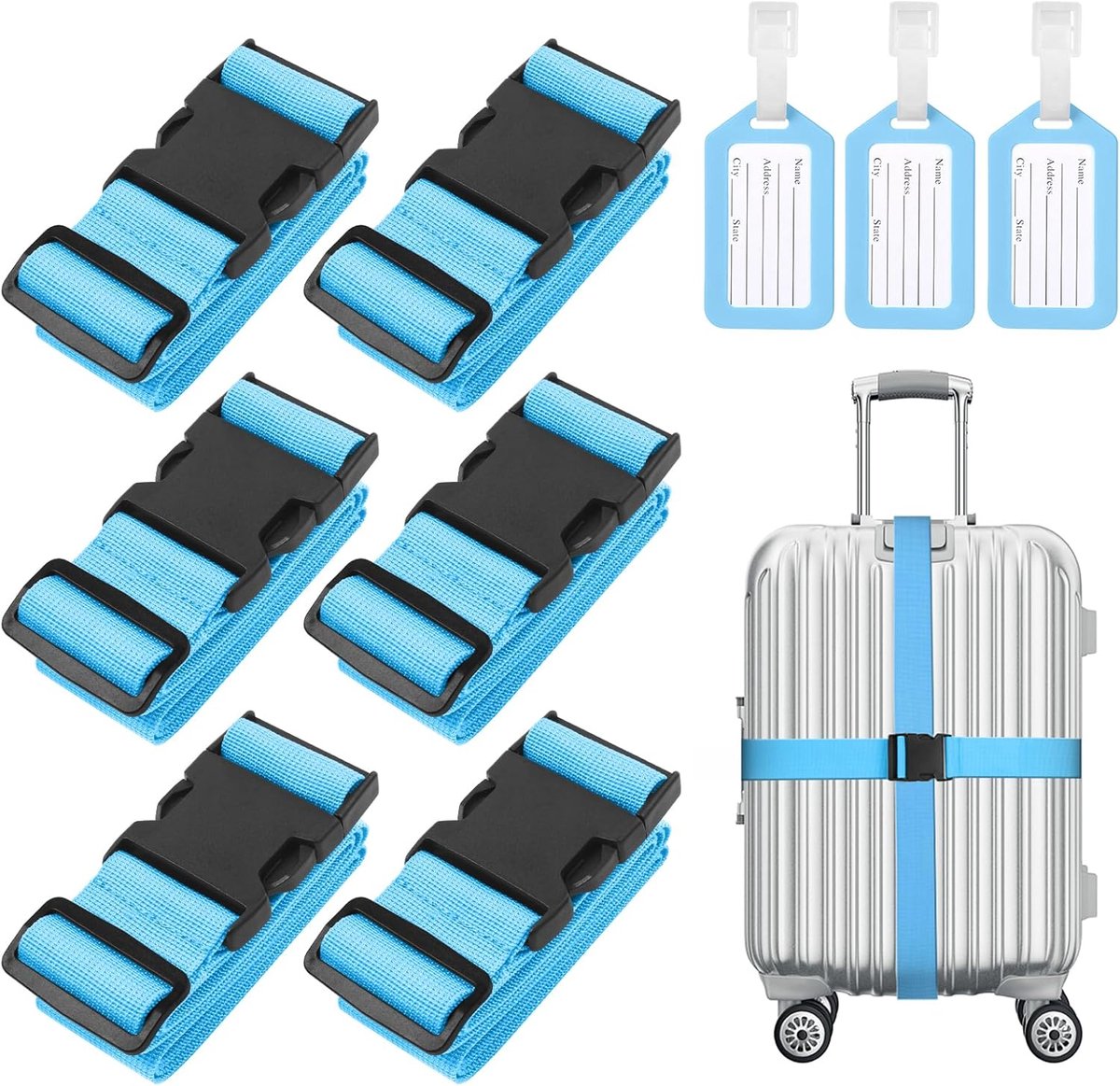 SnelShoppen - Set van 6 Luggage Straps met Bagagetags, Verstelbare Verpakkingsriemen voor Koffers, Veiligheid, Antislip, Reisriem, Reisaccessoires (Bl
