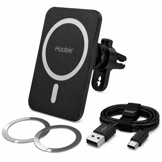Zwarte Houbie MagSafe autohouder met ventilatieroosterbevestiging, USB-C kabel en 2 magnetische ringen.
