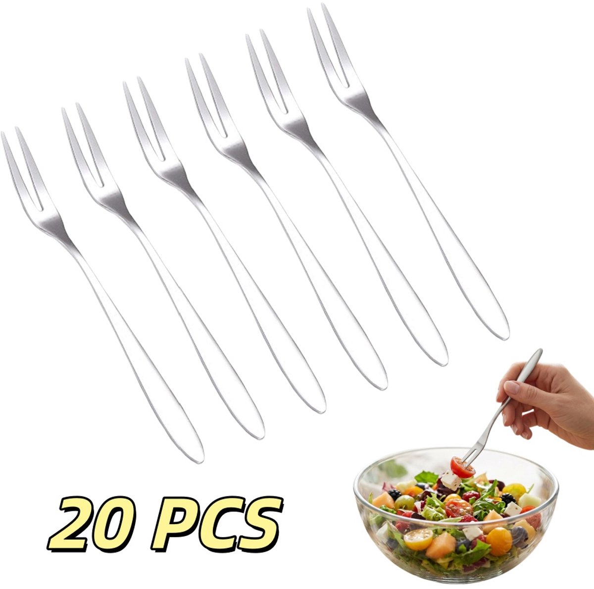 20 stuks – Saladevork van roestvrij staal - ontwerp met dubbele tanden - Fruitvorkjes – Roestvrijstalen groente- en dessertvorkjes – Taartvorkjes – Zilverkleurig – 13 x 0,8 cm – Geschikt voor taarten, salades, desserts en fruit