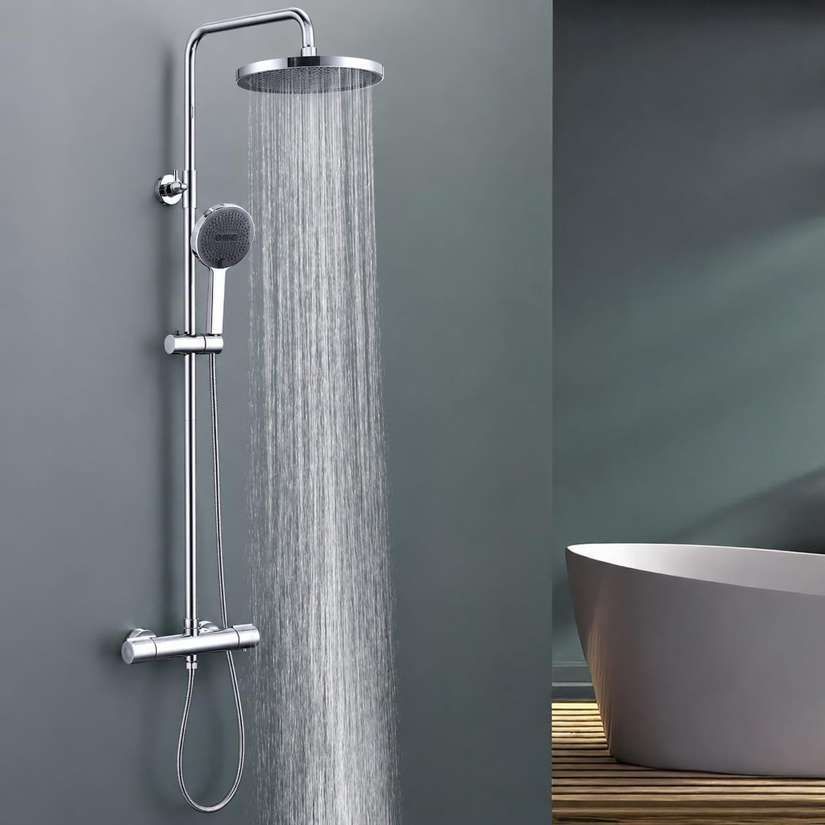 Regendoucheset met Thermostaatkraan – 25 cm Hoofddouche, 3 Straalsoorten, Verstelbaar, Chroom