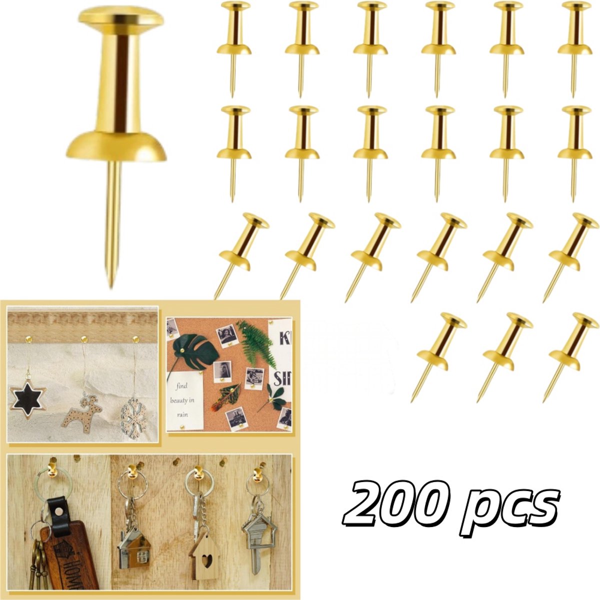 200 gouden punaises - Duurzaam staalmateriaal - Kurknagels - I-vormige spijkers - 0,8*3,2 cm - Geschikt voor prikborden, kurkborden, foto's en notities, opslagscenario's op kantoor en thuis - Goud