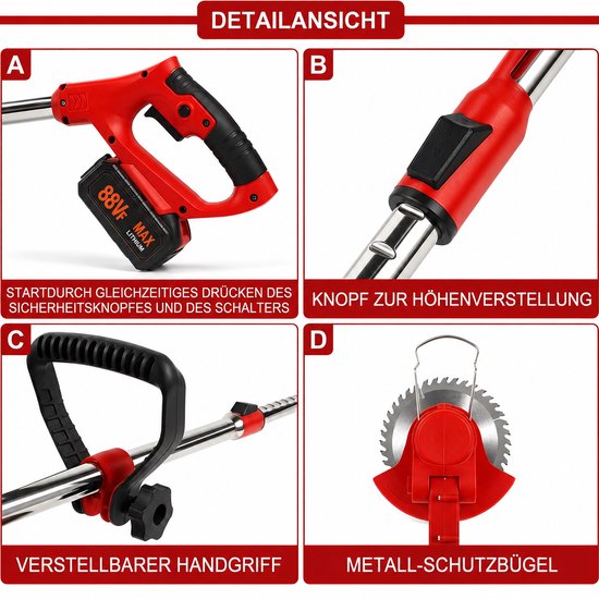 Accu Grastrimmer met 2x 2.0Ah accu’s + lader | 3-in-1 messenset (gras / onkruid / struiken) | 90° verstelbare kop | telescoopsteel (90 - 120cm) & extra handgreep | lichtgewicht 2,3 kg — afbeelding 5