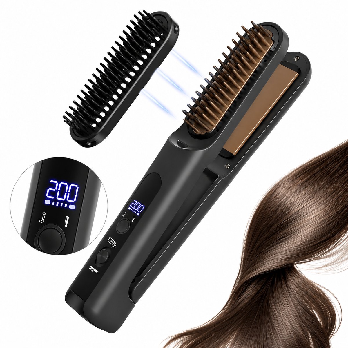 Bobypet - Stijltangborstel - 2-in-1 ionische haarstijlborstel - Keramische verwarmde kam - 4 warmtestanden - Voor kort haar - Voor dames - Draagbaar - Zwart