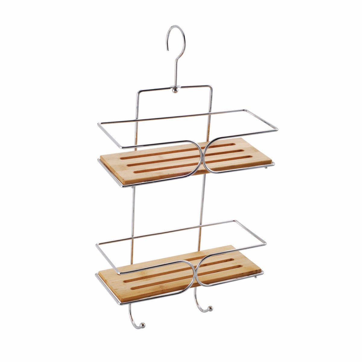 MSV Doucherek Bamboe met Twee Niveaus – Doucherekje voor Douchestang – Badkamerrek Bruin Chroom 19,5x19,5x36,5 cm