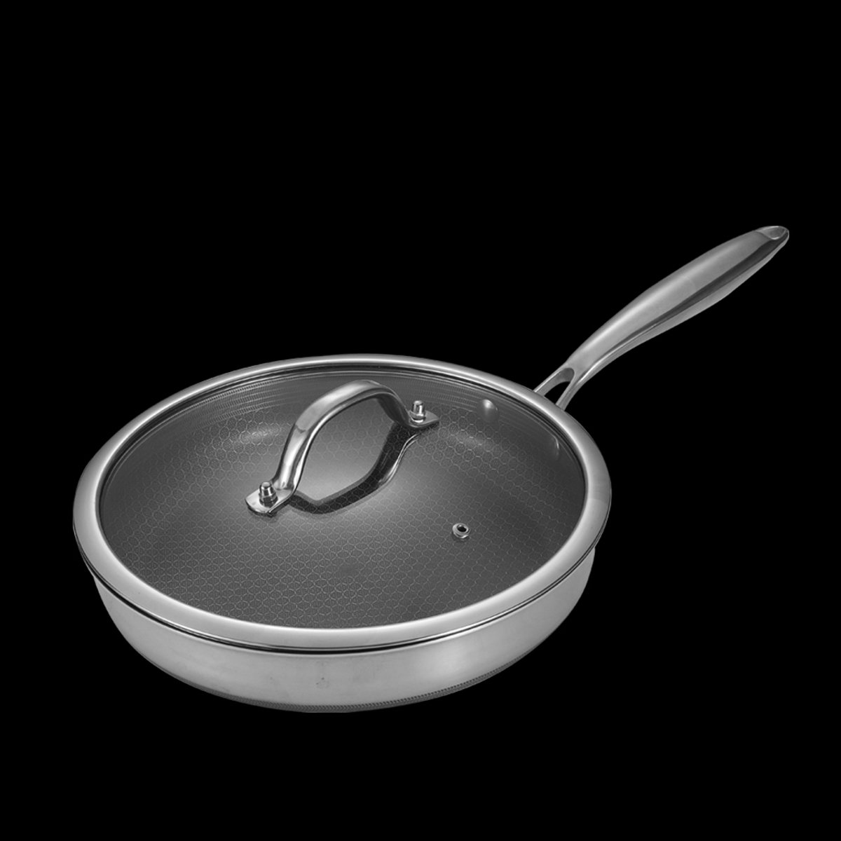RVS Koekenpan 28 cm – Drielaags Roestvrij Staal – Antiaanbaklaag – Geschikt voor Inductie, Gas, Keramisch & Elektrisch – Met Glazen Deksel