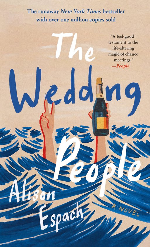 Boek "The Wedding People" met blauwe golven, twee armen die omhoog steken, een fles champagne en tekst.