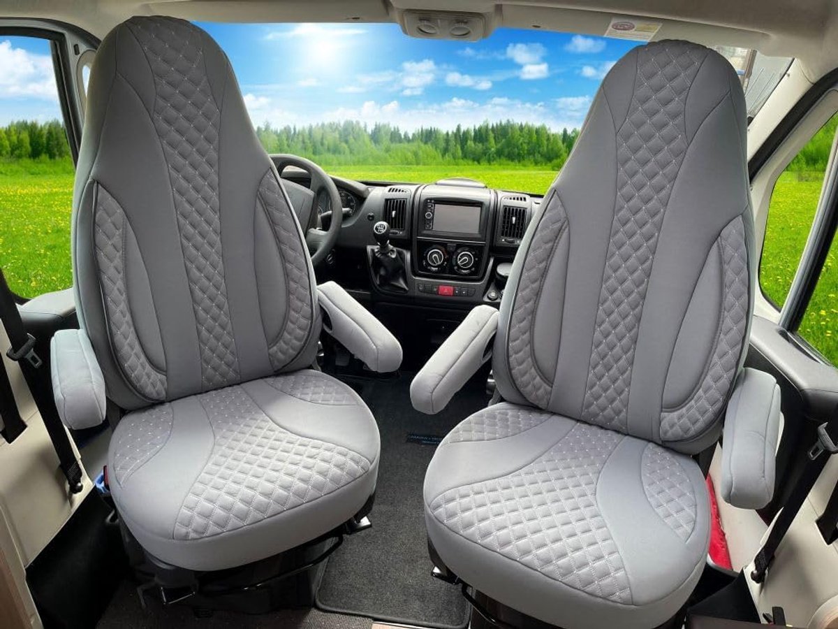 Stoelhoezen voor bestuurder en passagiers, set compatibel met camper FIAT Ducato, Pössl, Knaus, Adria, Carthago, Pilote Laika WPL409, grijs