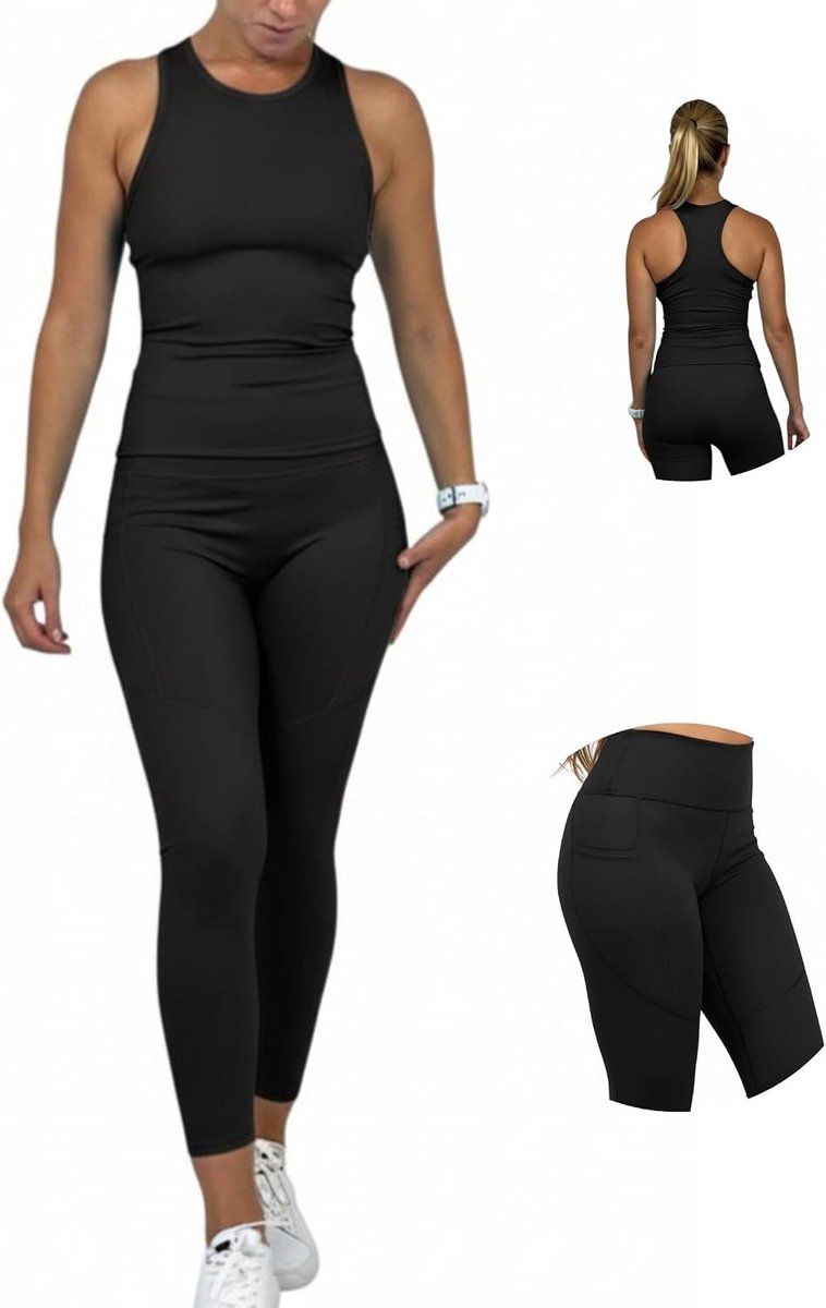 Trainingspak voor dames – sportlegging push-up en sportbeha, complete overall shorts workout en top fitness, gymnastiekkleding, hardlopen, pilates