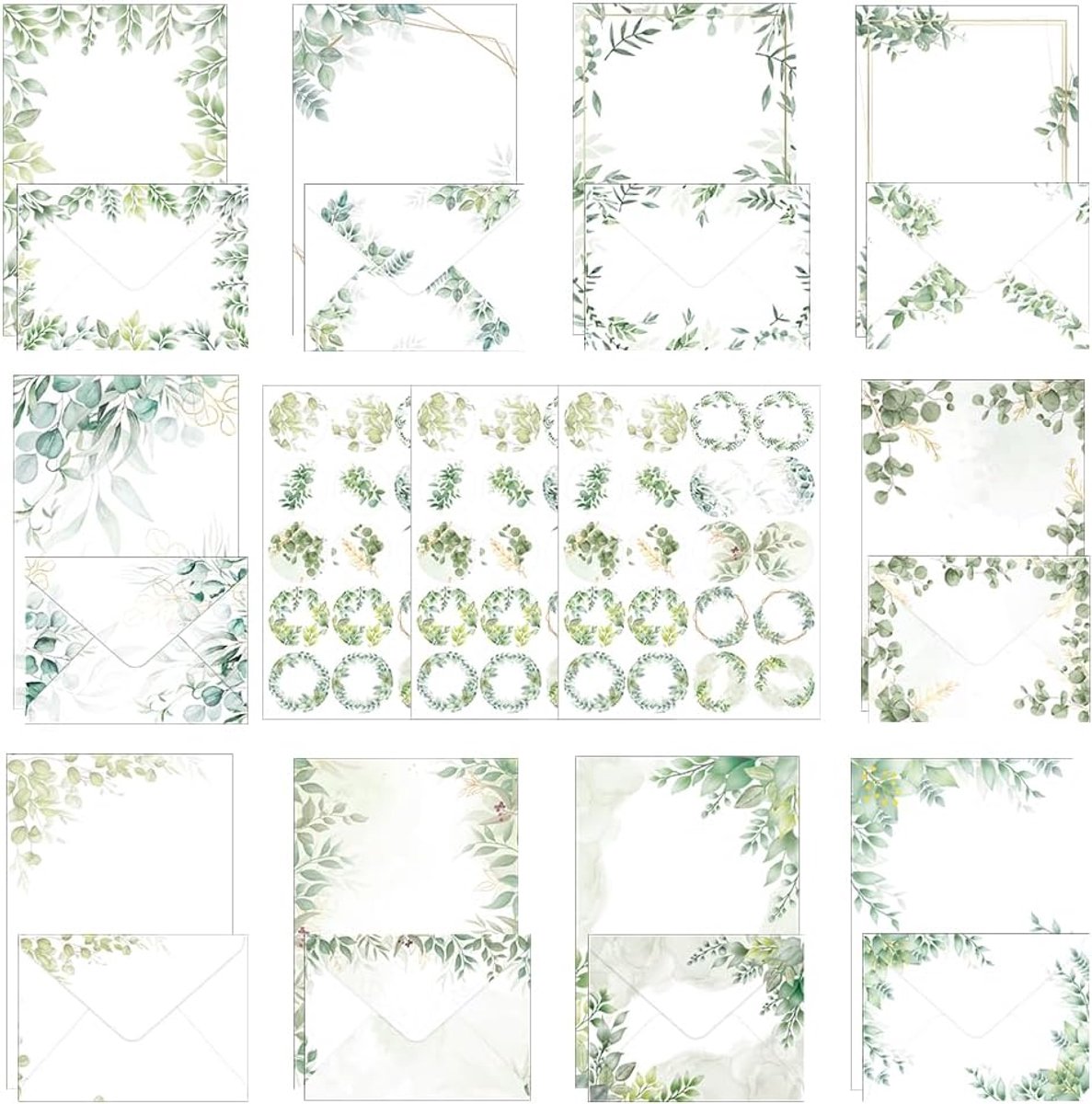 160 Stuks Briefpapierset,voor Verjaardagen,Bruiloften & Feestdagen | Hoogwaardig papier, handgetekende eucalyptusprints, 60 verschillende stickers,14.2×10.9cm, voor kaarten en uitnodigingen