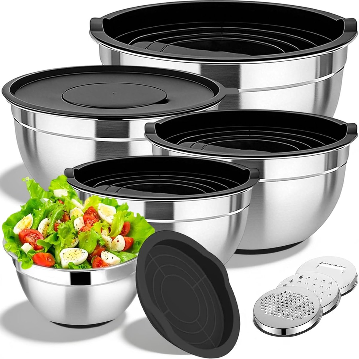 Mengkommen met deksel en rasp, set van roestvrij staal, stapelbaar, slakom, roestvrij staal, antislip, vaatwasmachinebestendig, voor gebak, serveren (3,3 l/2,8 l/2,2 l/1,6/1,4 l)