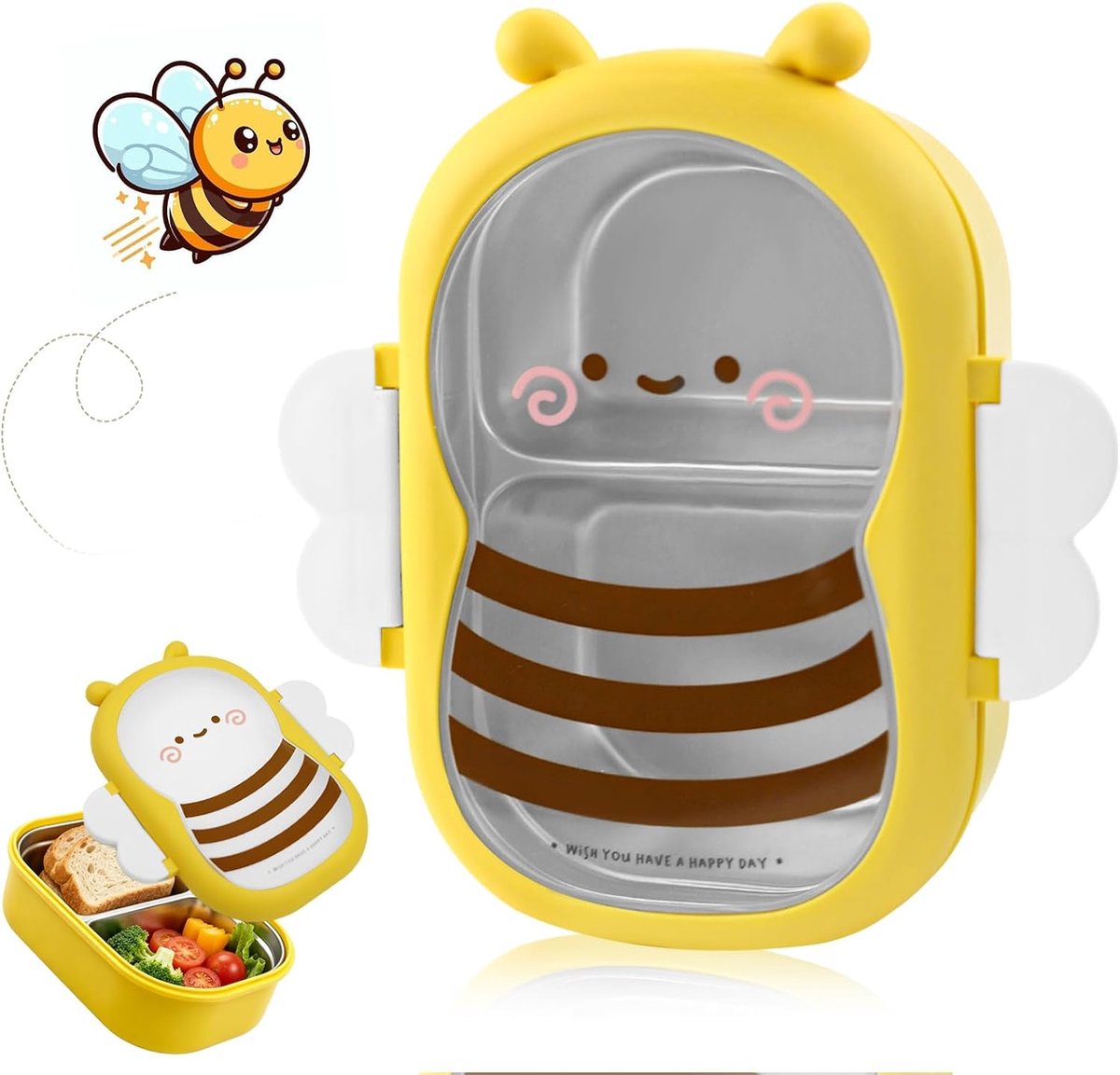 broodtrommel voor kinderen en volwassenen, cartoon-bijen-lunchbox, lekvrije broodtrommel, met 2 vakken, voor snacks, ontbijt of reizen, voor picknick, werk, reizen