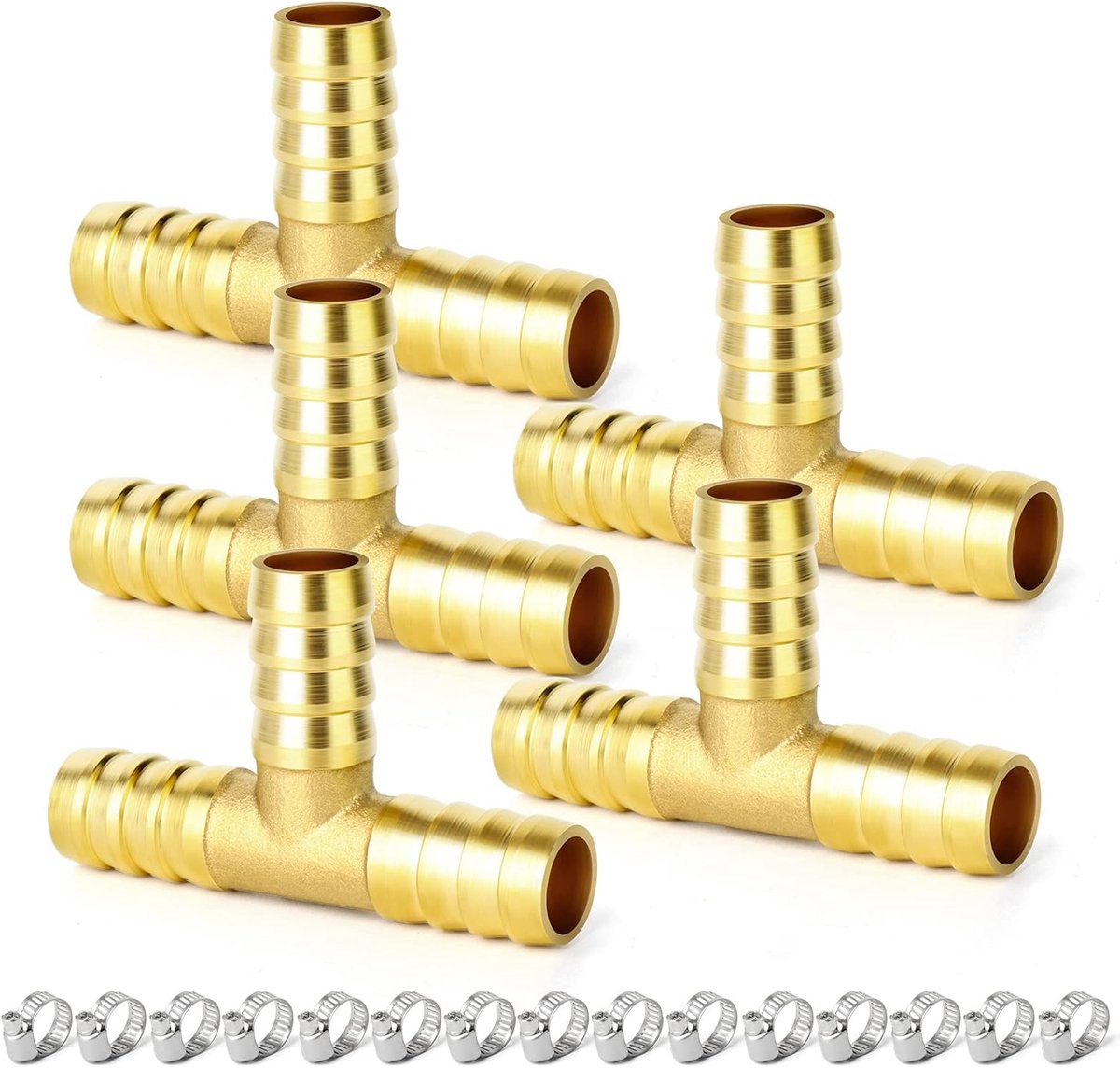 5 stuks 13 mm messing T-stuk met slangtappen, 3-weg T-vormige slangtappenconnector met 15 klemmen voor water/lucht/gas/sanitair