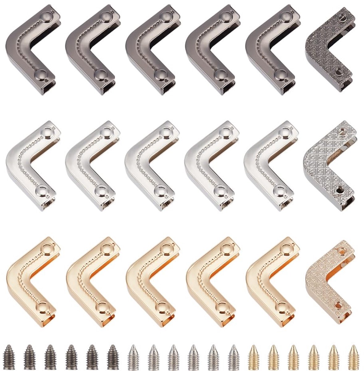 18 sets portemonnee rand decoratieve clip gespen, 3 kleuren portemonnee randbeschermer metalen portemonnee hoek voor tas inschroefbare tas hoekclip handgemaakte gehaakte tas hardware voor
