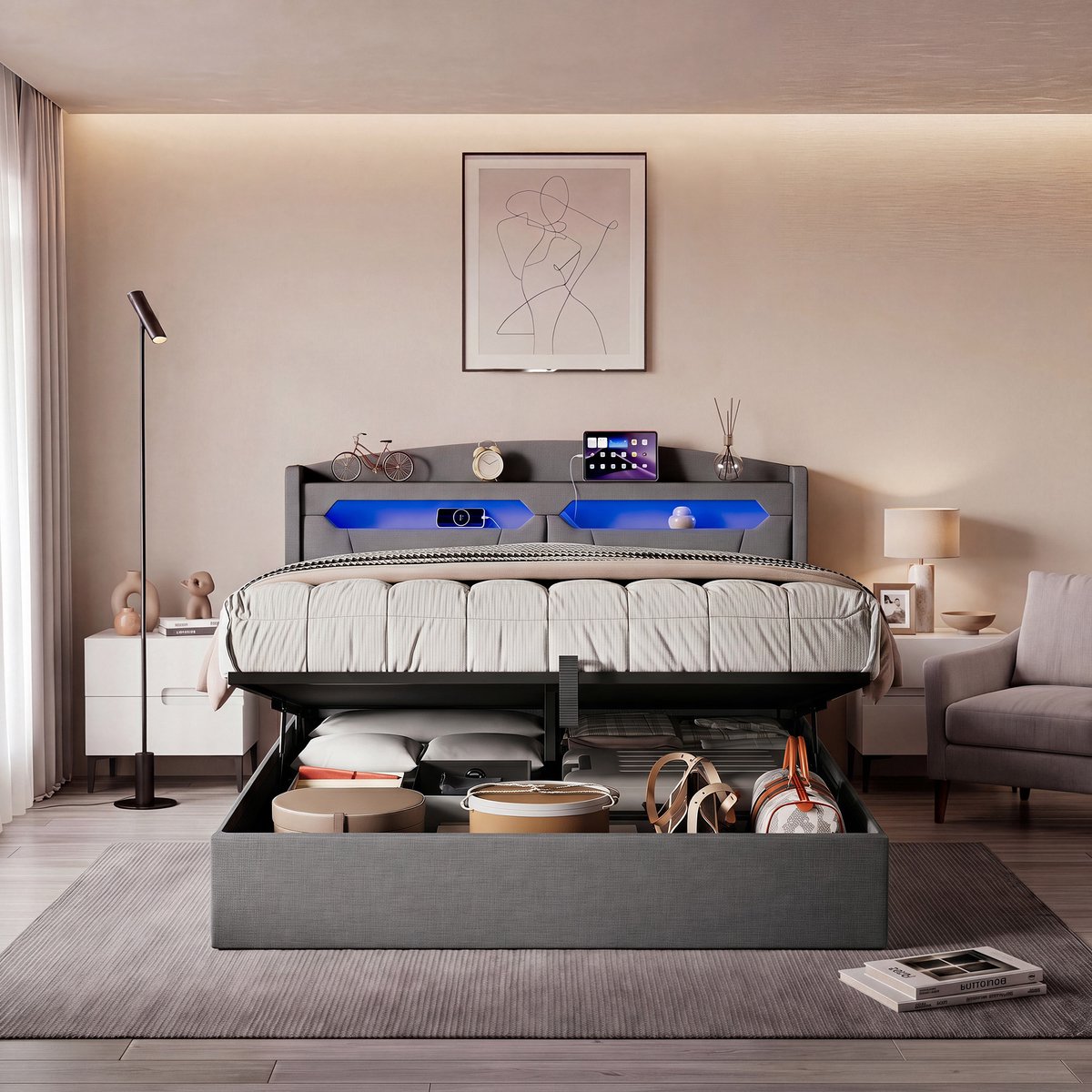 ROSAHQNDA Volwassen bed 140x190 cm, tweepersoonsbed met led opberghoofdbord, gestoffeerd linnen bed met lattenbodem, opbergbed lichtgrijs, zonder matras