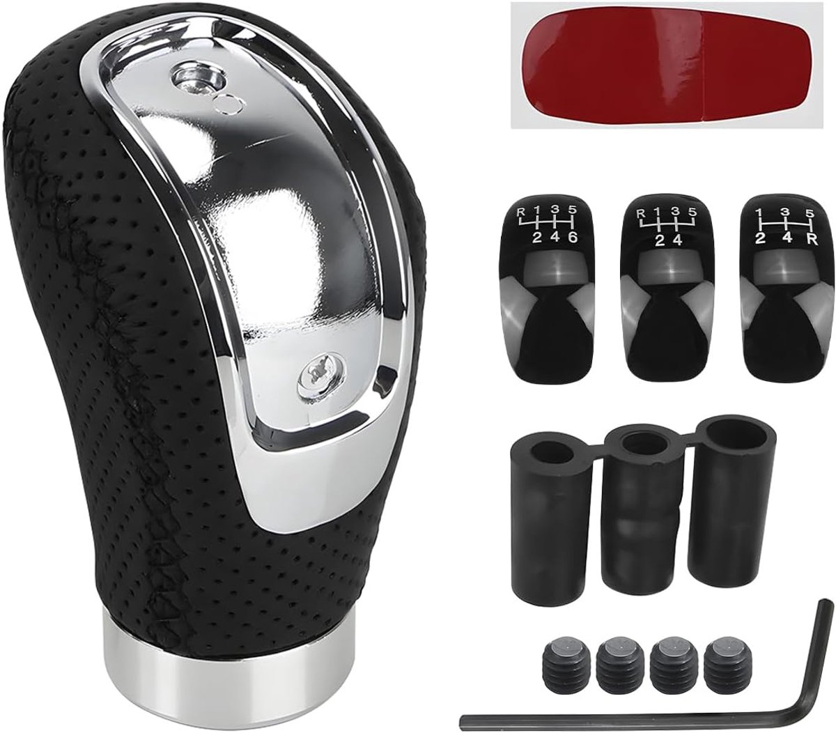 Lederen autopookknop, auto 5 6 versnellingen, versnellingshendel met 3 adapters, handmatige versnellingsknopadapter, voor handmatige autoversnellingsbak (Zwart)