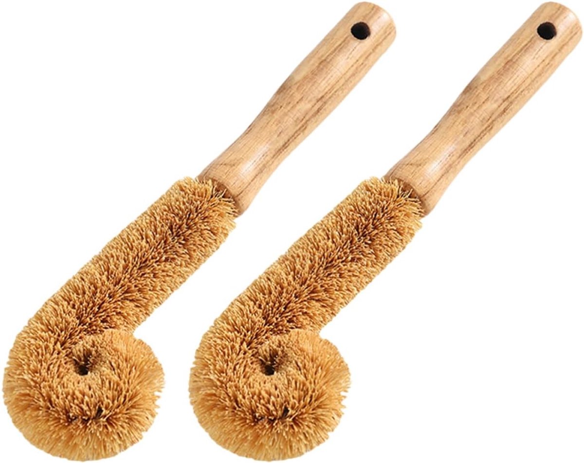 Ulisem - Afwasborstel Set 2 Stuks – Houten Flessenborstel met Gebogen Handvat – Bekerborstel voor Waterflessen, Bekers & Keukenreiniging – Duurzame Schoonmaakborstel met Ophanggat