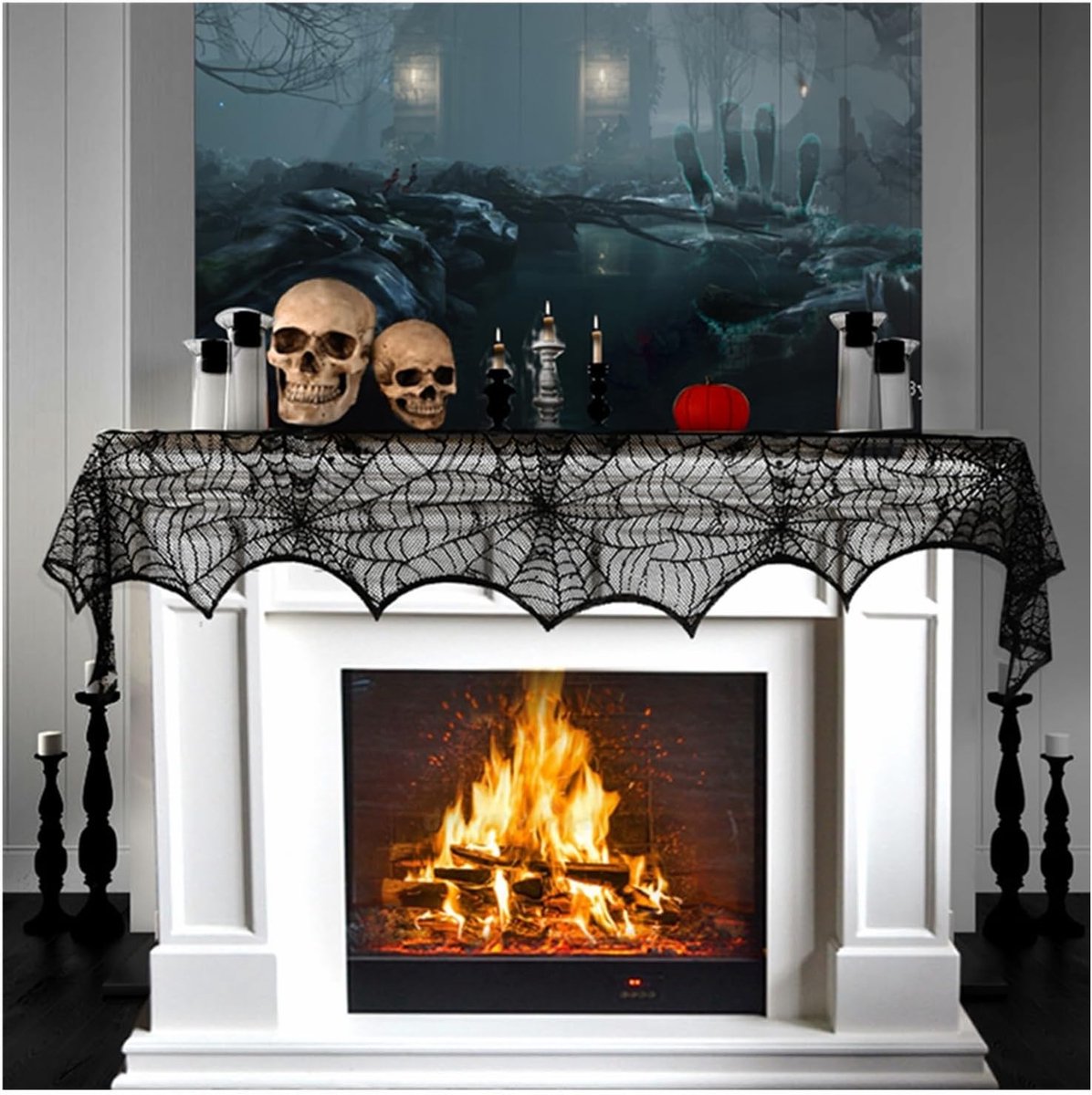 Ulisem - Halloween Open Haardsjaal – Zwart Kant Spinnenweb Tafelloper 46 × 244 cm – Decoratieve Mantelsjaal voor Open Haard, Tafel, Kast & Halloween Feestdecoratie