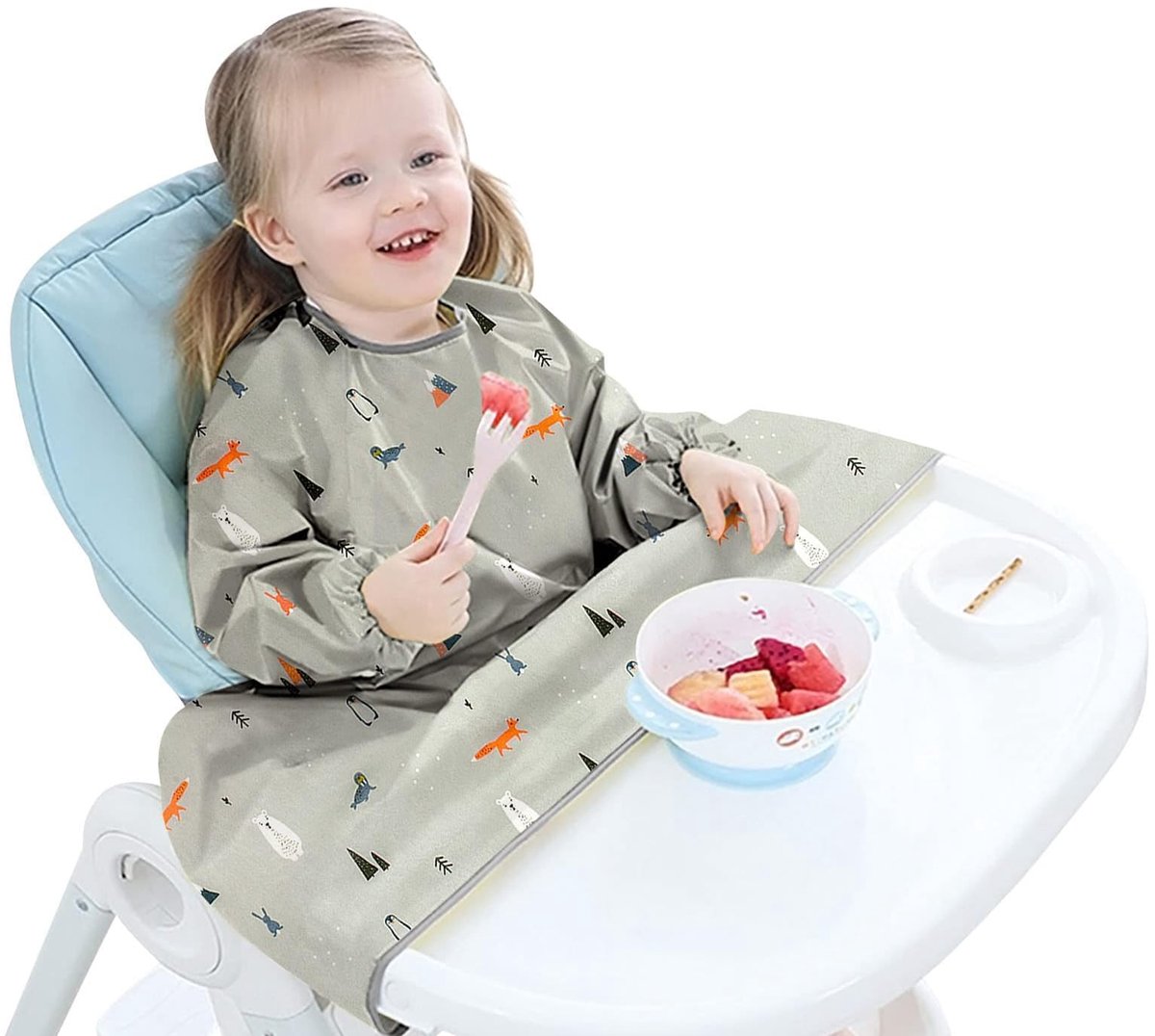 Slabbetjes met lange mouwen, Waterdichte Slabbetje met mouwen, Babyslabbetje kan aan uw kinderstoel worden bevestigd, Zachte slabbetje Unisex Van 6 Maanden to 3 Jaar Oud Kinderen (grijs)