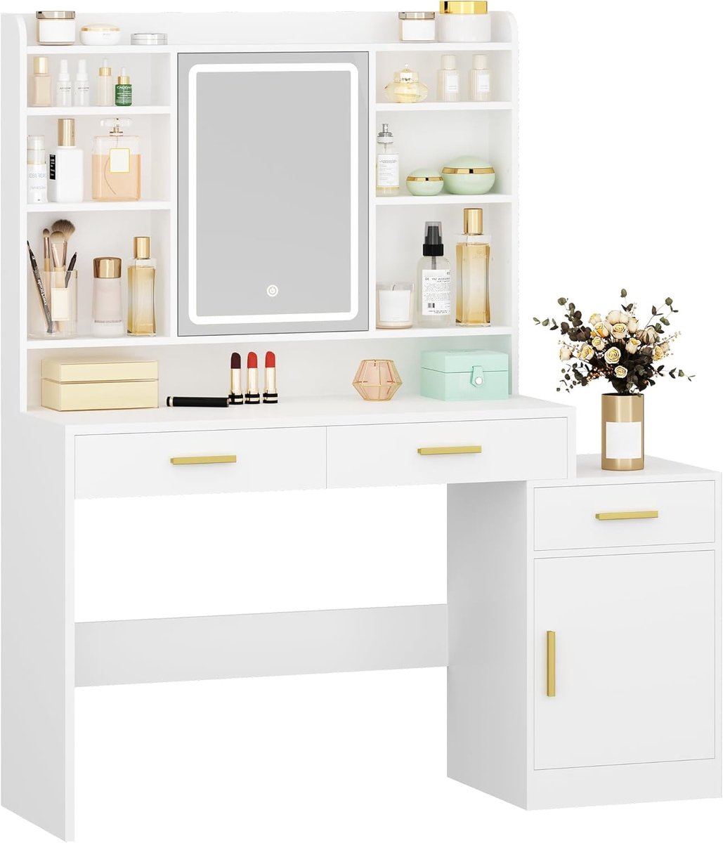 Hzuaneri Kaptafel, Groot Tafelblad met Spiegel en Verstelbare Ledlamp, 3 Opberglades en 1 Opbergkast, Open Planken met Meerdere Niveaus, voor Slaapkamer, Garderobe, Wit
