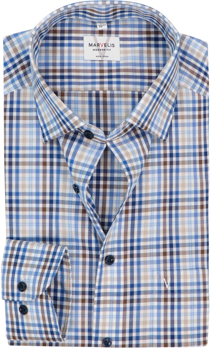 MARVELIS modern fit overhemd - popeline - wit met blauw - beige en bruin geruit - Strijkvrij - Boordmaat: 46 (EU maat: XXL)