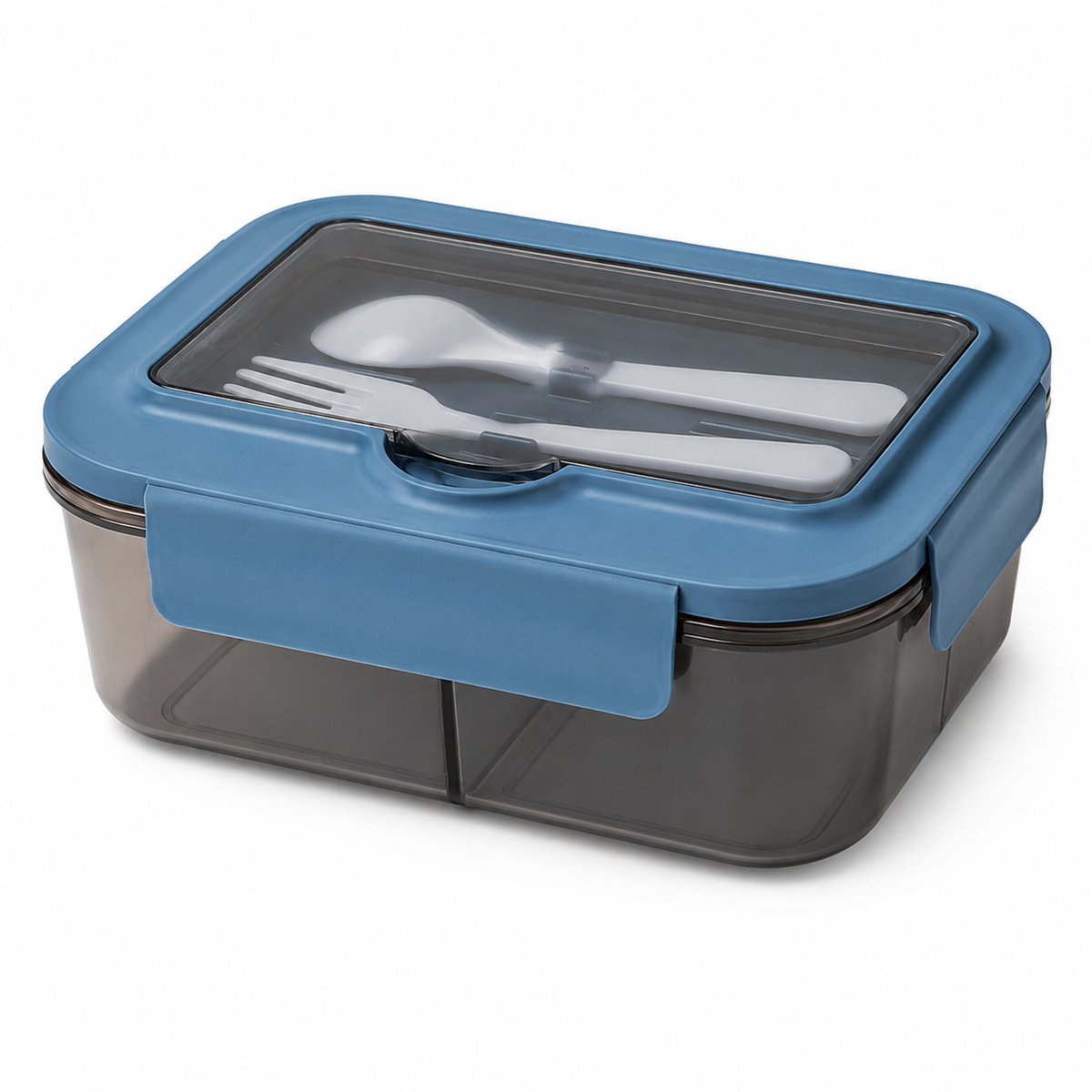 VHV - Lunchbox 1400 ml met 3 Vakken - Lekvrij Afsluitbare Bento Box met Bestek en Kijkvenster - Geschikt voor Magnetron zonder Deksel - Voor Werk, School en Onderweg - Blauw