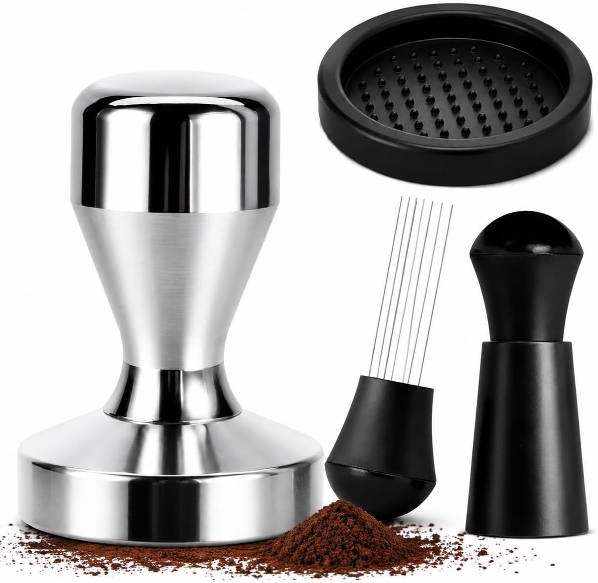 51 mm espresso tamper met WDT-naald, koffieverdeler en siliconen mat voor zeefhouders, barista-accessoires van roestvrij staal, ook geschikt voor thuisgebruik en koffieliefhebbers (zilver)
