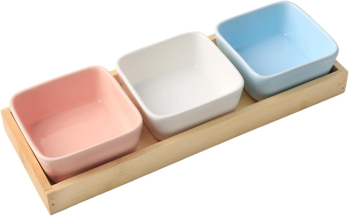 3-delige dipschalen set met plank houten serveerschalen keramiek | Snackkommen, sausschalen, sausschalen