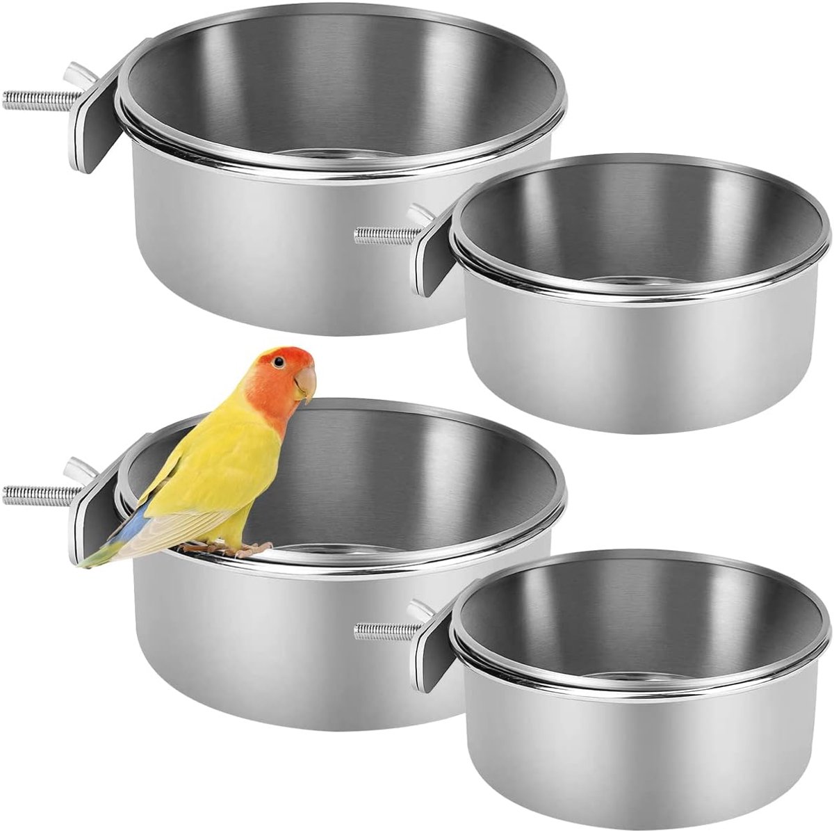 vogelvoederset, roestvrij staal, vogelbak, papegaaienvoeders, dierlijk water en voedselbak, hangende kom, zaadvoederkooivoeder met clip-on standaard