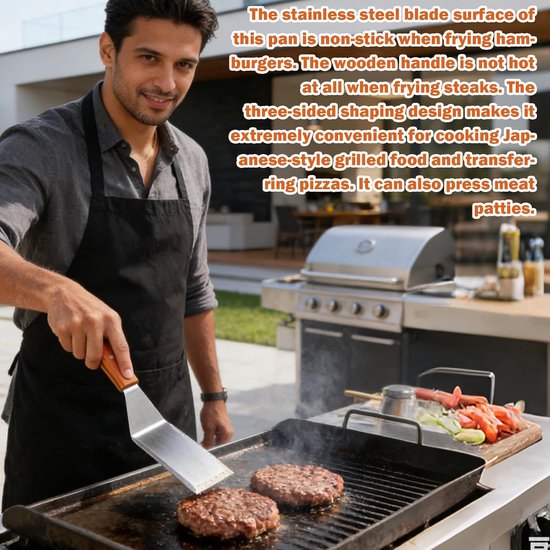 Spatel van roestvrij staal met houten handvat, keukenspatel, grillspatel roestvrij staal, robuuste metalen spatel voor grillen, hamburgers, braden en keuken, zilverkleurig — afbeelding 4