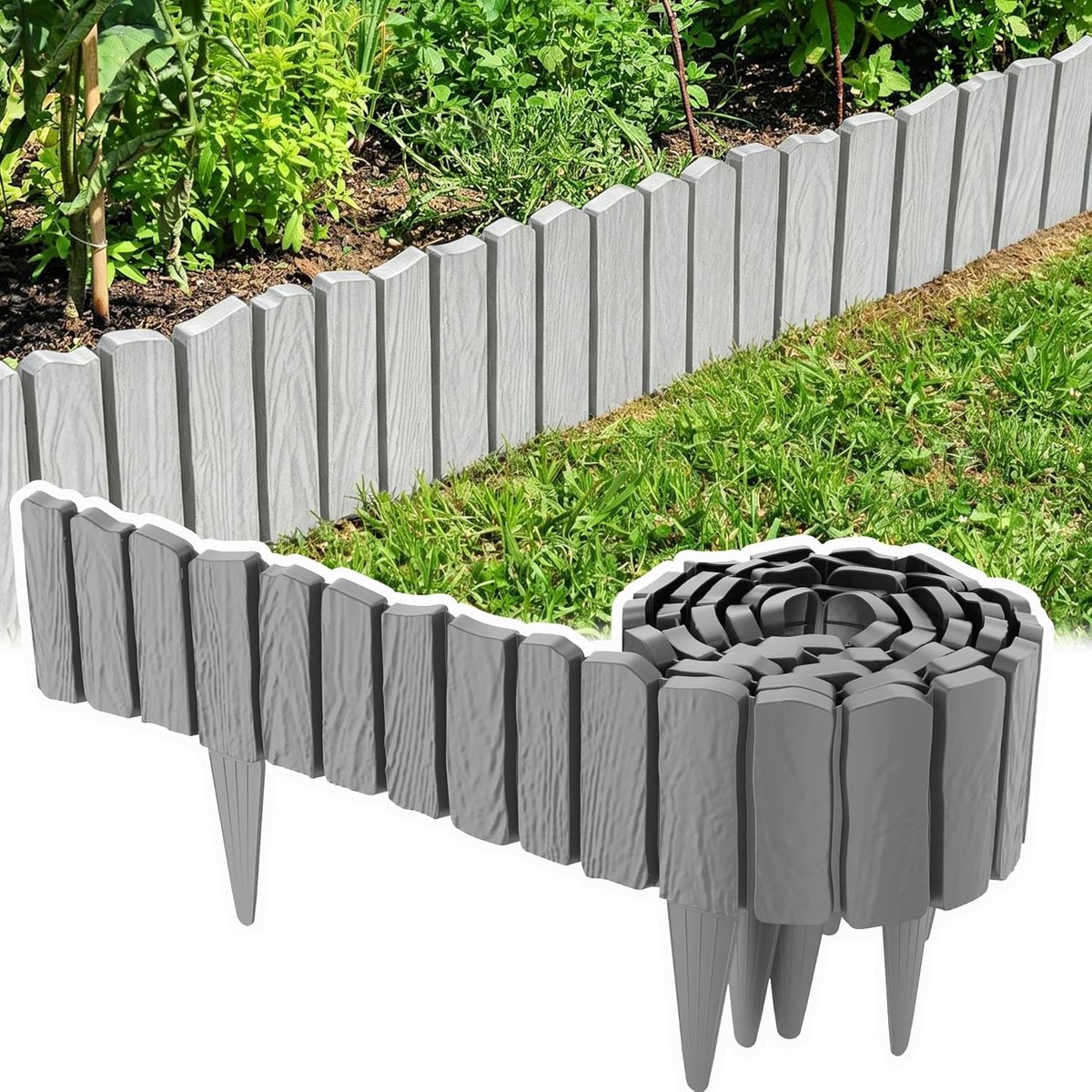 4 stuks gazonranden, kunststof, 57 x 23 cm, perkrand, tuinbedrand met 10,5 cm spike, houtlook, maairand, wortelblokkering, PP gazonrandband voor paden/gazons (totaal 2,3 m, grijs)