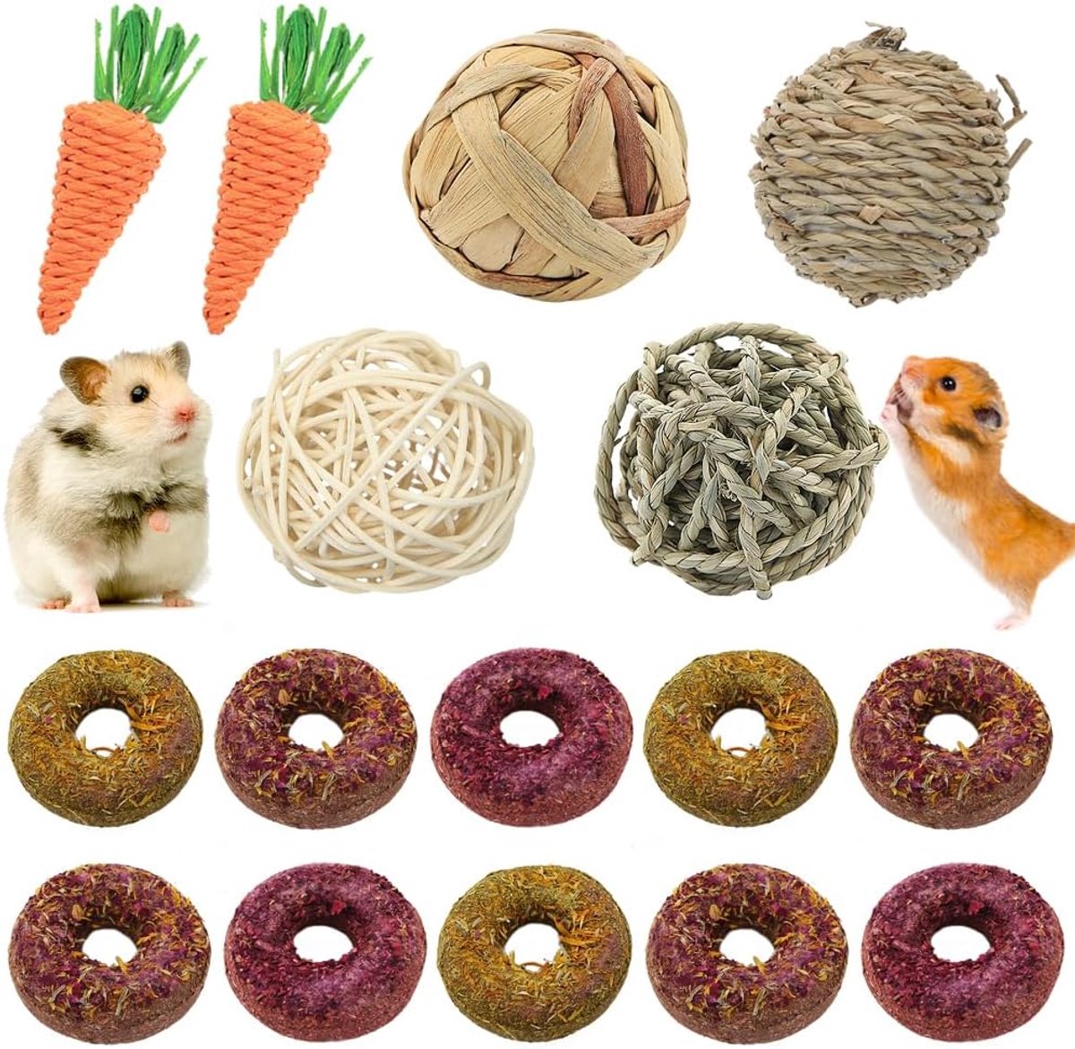 Speelgoed, Konijn Cavia Behandelt Speelgoed 16 STKS, Chinchilla Pet Bunny Rat Fret Kauwspeelgoed Bal Donuts Bloem Gras Cake Wortel Verrijking Speelgoed Voor Huisdier Kleine Dieren Tanden