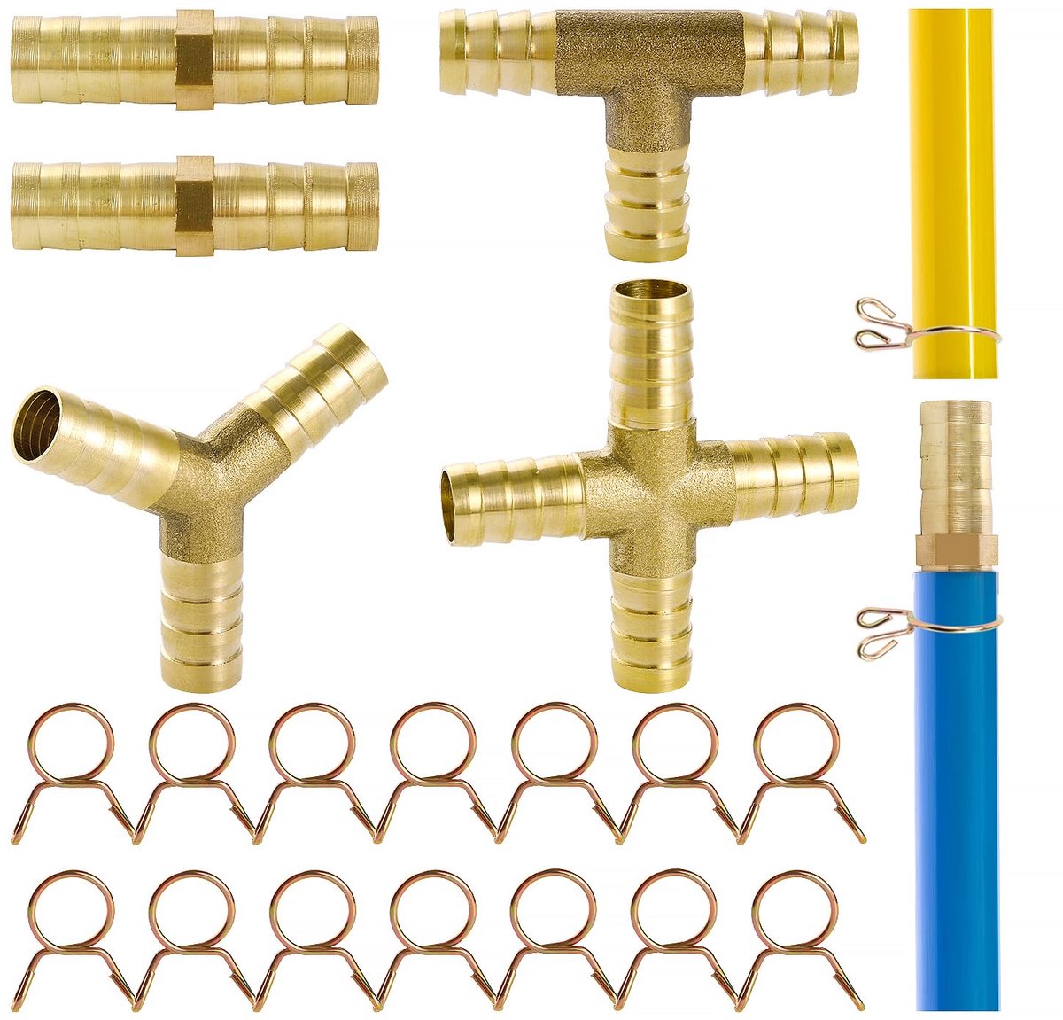 5 Stuks 10mm Slangpilaar, 2/3/4 Weg Messing Aansluiting Slangpilaar, Messing Connector, met 14 Stuks Slangklemmen, voor Brandstoflucht, Water, Lucht, Gasolie