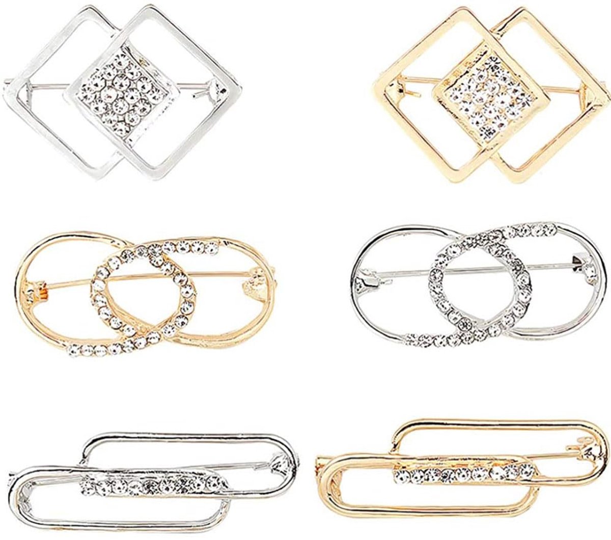 6 Stuks Kraag Veiligheidsspelden voor Dames,Sjaal Broche Veiligheidsspeld Kristallen Strass Geometrische Broches Broche van Kristal en Parel,voor Vrouwen(goud+zilver)