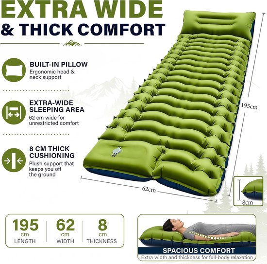 Zelfopblazende campingmat, 8 cm, zelfopblazende isolatiemat met kussen en voetpomp, zelfopblazende matras, waterdicht, luchtmatras voor reizen — afbeelding 2