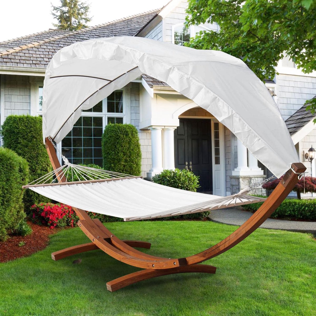 Hangmat met houten frame, met luifel, tot 200 kg, hangmat met spreidstang voor 2 personen, weerbestendig, inclusief montagemateriaal, hangmatframe voor balkon