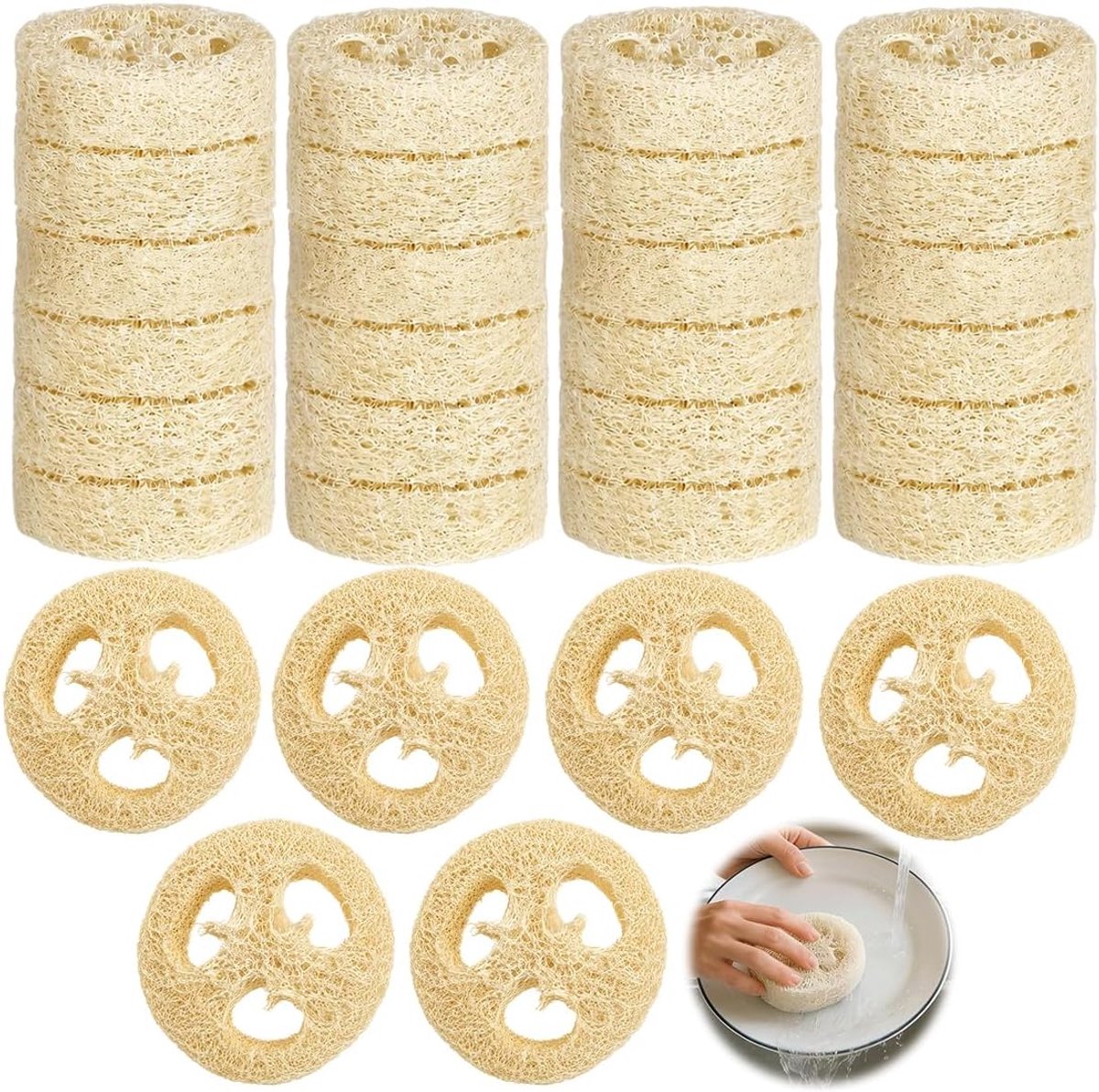 30 Stuks Natuurlijke loofah spons zeep met diameter 5-7 cm, loofah zeepbak is absorberend en ademend en geschikt voor het verwijderen van dode, vuil, onzuiverheden en keuken