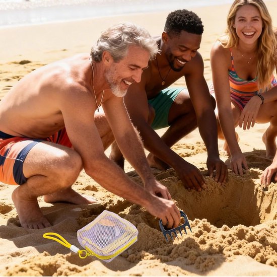 strand, 2 stuks, met strandnetzak, zandzeef van kunststof, schelpenverzamelaar voor het strand, haaientandgrijper voor het verzamelen van schelpen en drijfglas — afbeelding 4