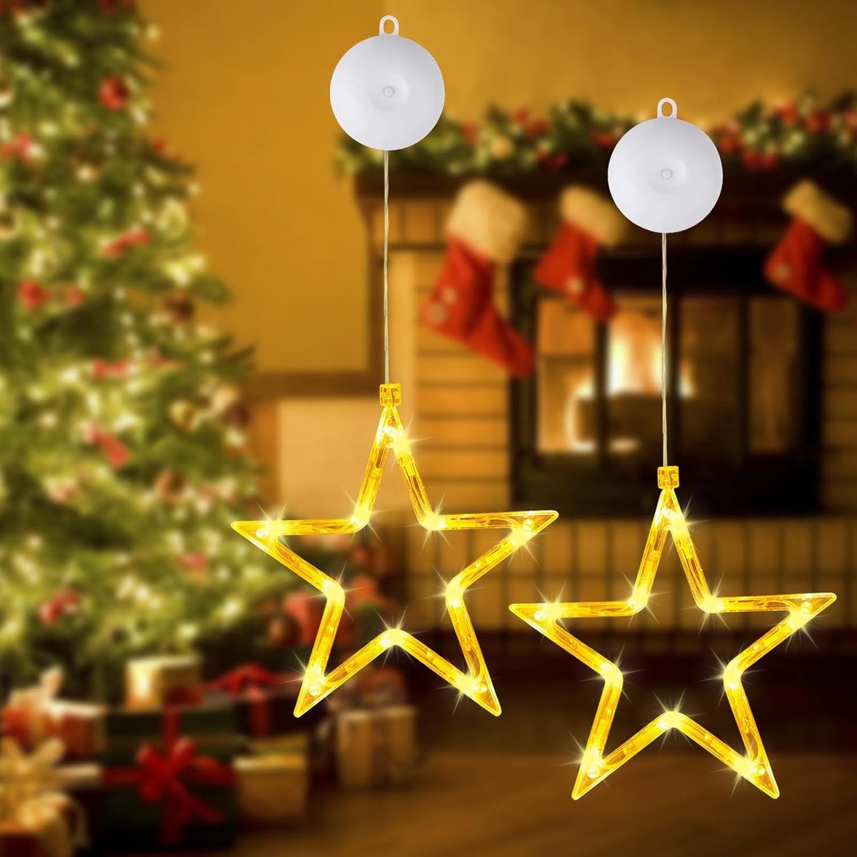 2 stuks kerststerrendecoratie, raamdecoratie Kerstmis, raamdecoratie in warm wit met zuignappen, voor raamdecoratie - ShopVlot