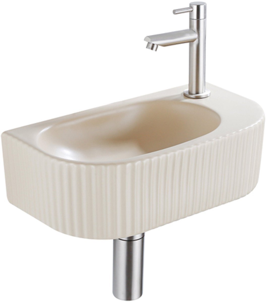 Fugaflow Efficiente Pietra Fonteinset - 40x21.5x12cm - rechts - geribbeld - halfrond - 1 kraangat - keramiek - fonteinkraan geborsteld rvs - afvoerplug - verlaagd sifon - beige
