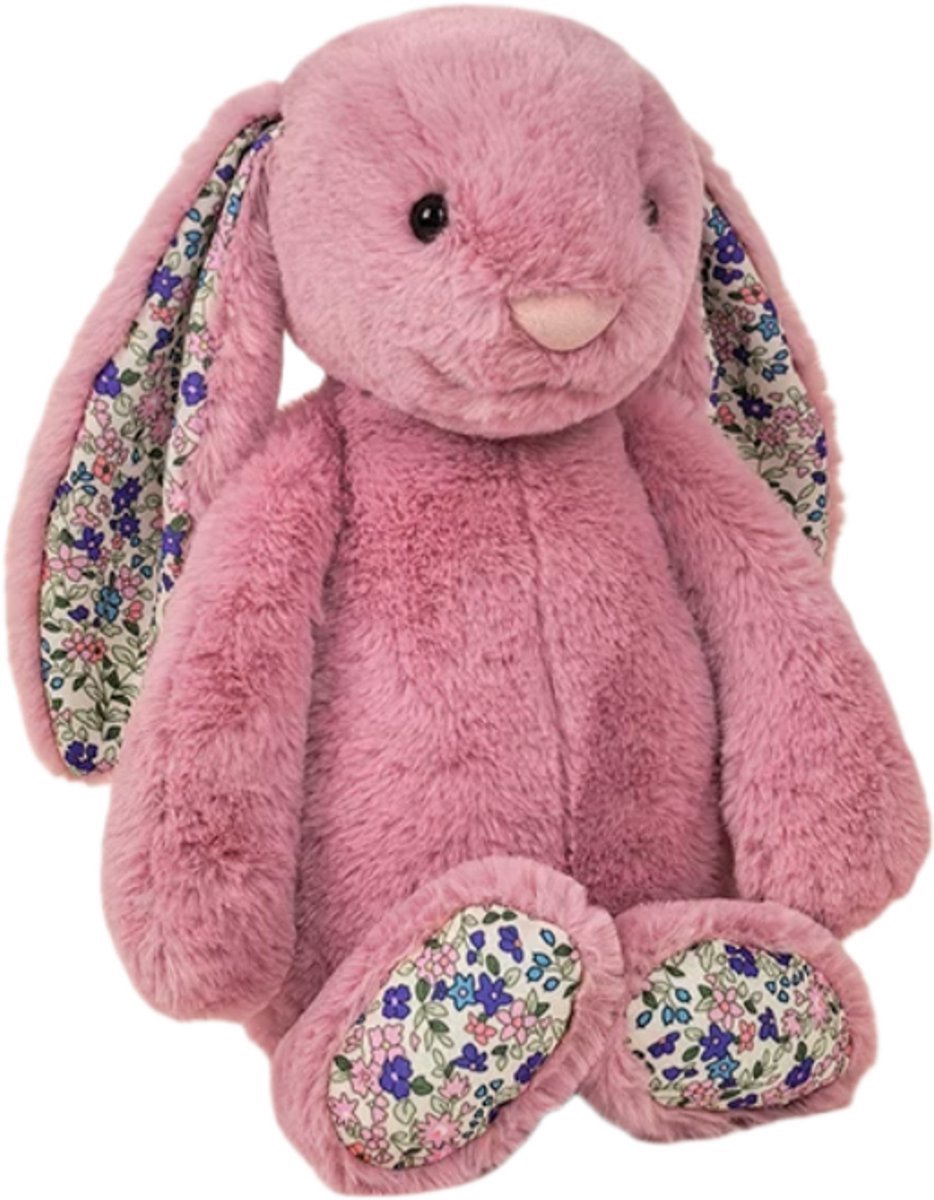 Casalora Knuffel Konijn Pluche - 30CM - Licht kersenrood Bunny Met Bloemenoren - Voor Pasen en Kinderen Troostknuffel